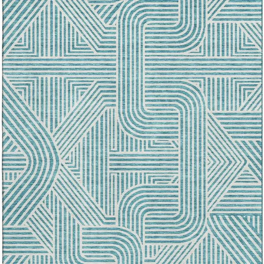 Teal And Ivory Abstract Geometric Washable Area Rug With UV Protection Photo 2