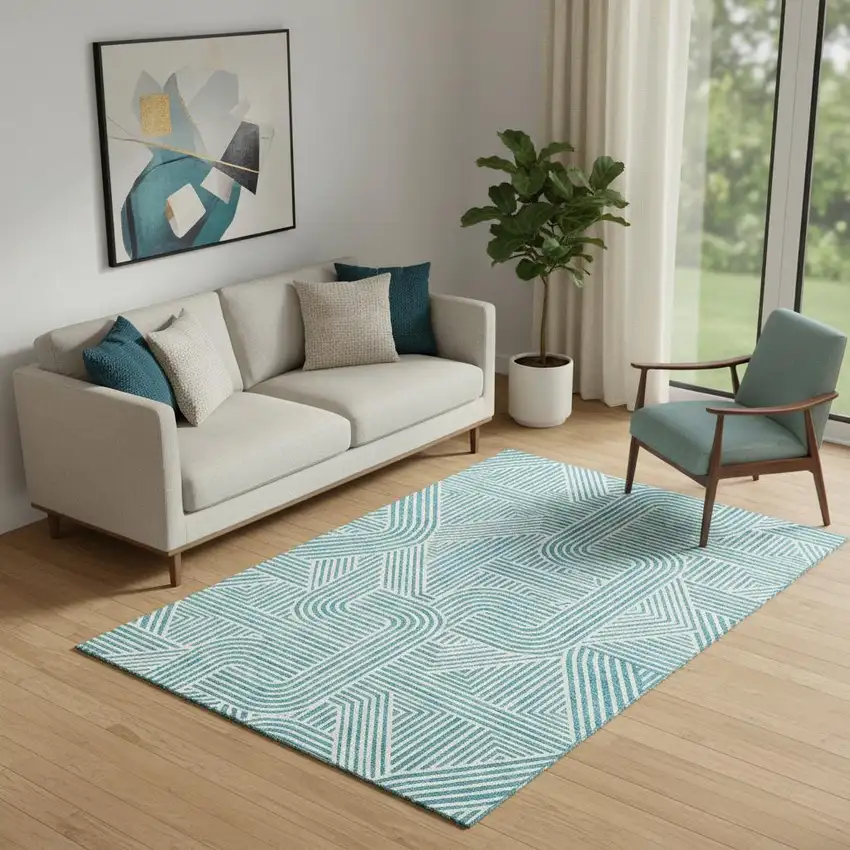 Teal And Ivory Abstract Geometric Washable Area Rug With UV Protection Photo 1