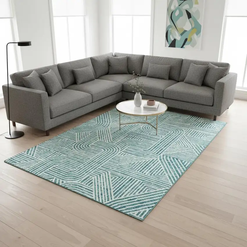 Teal And Ivory Abstract Geometric Washable Area Rug With UV Protection Photo 2