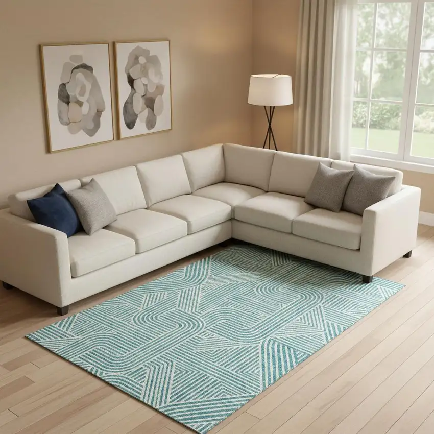 Teal And Ivory Abstract Geometric Washable Area Rug With UV Protection Photo 1