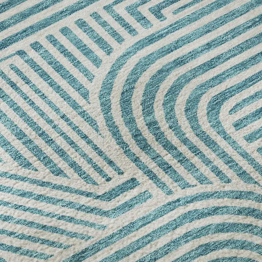 Teal And Ivory Abstract Geometric Washable Area Rug With UV Protection Photo 8