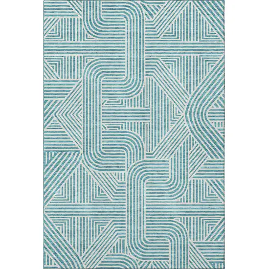 Teal And Ivory Abstract Geometric Washable Area Rug With UV Protection Photo 2