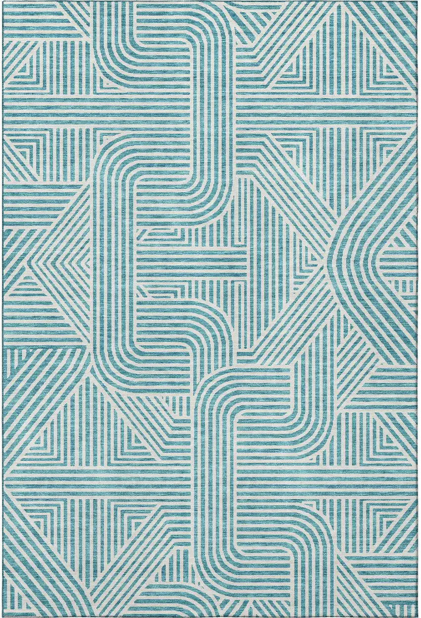Teal And Ivory Abstract Geometric Washable Area Rug With UV Protection Photo 2