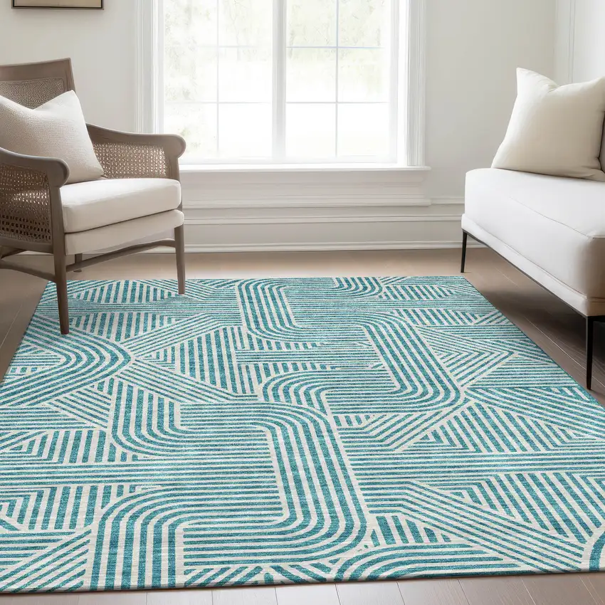 Teal And Ivory Abstract Geometric Washable Area Rug With UV Protection Photo 5