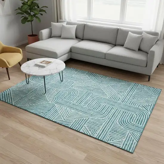 Teal And Ivory Abstract Geometric Washable Area Rug With UV Protection Photo 2