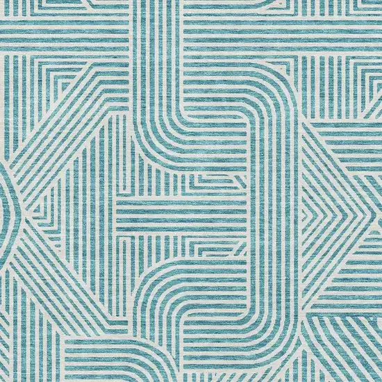 Teal And Ivory Abstract Geometric Washable Area Rug With UV Protection Photo 2