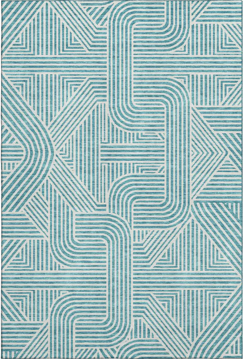 Teal And Ivory Abstract Geometric Washable Area Rug With UV Protection Photo 1