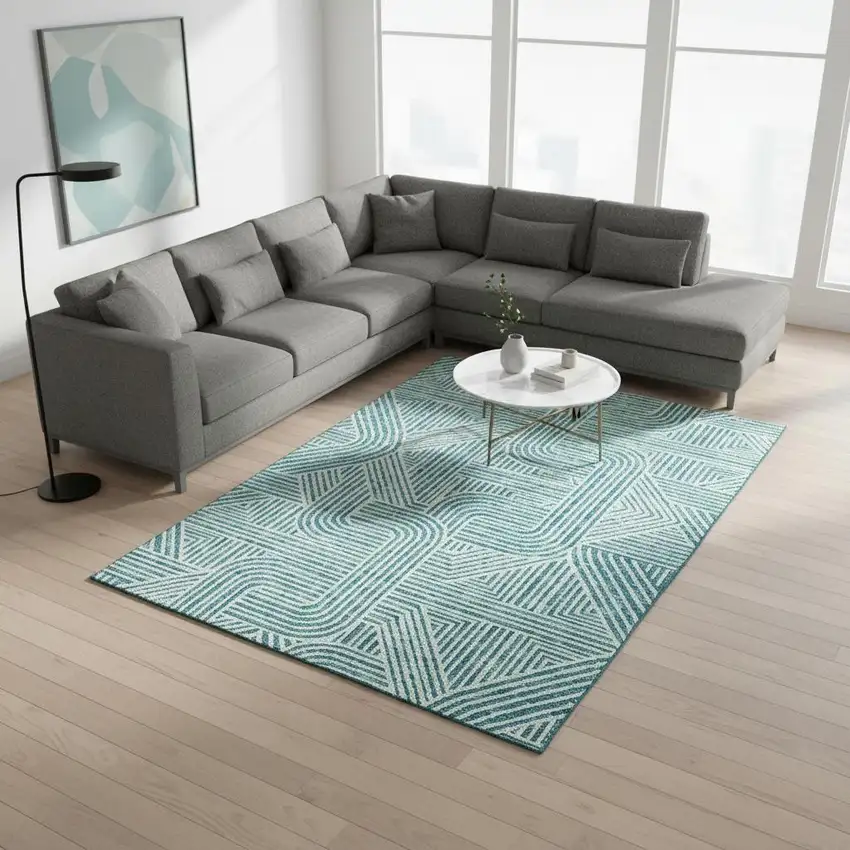 Teal And Ivory Abstract Geometric Washable Area Rug With UV Protection Photo 2