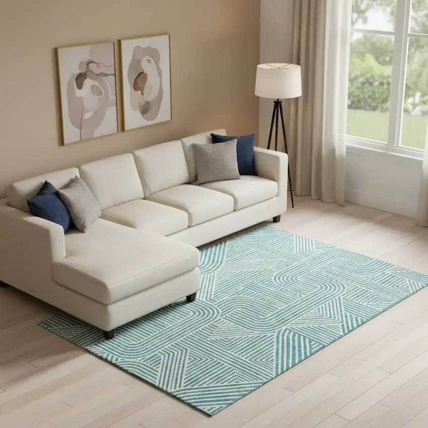 Teal And Ivory Abstract Geometric Washable Area Rug With UV Protection Photo 1