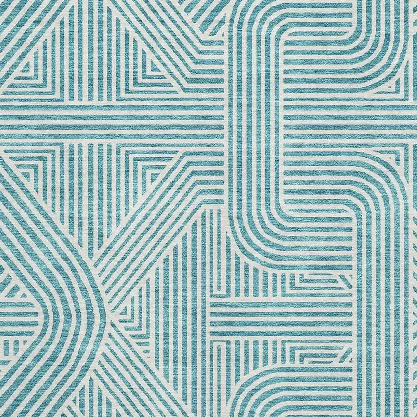 Teal And Ivory Abstract Geometric Washable Area Rug With UV Protection Photo 2