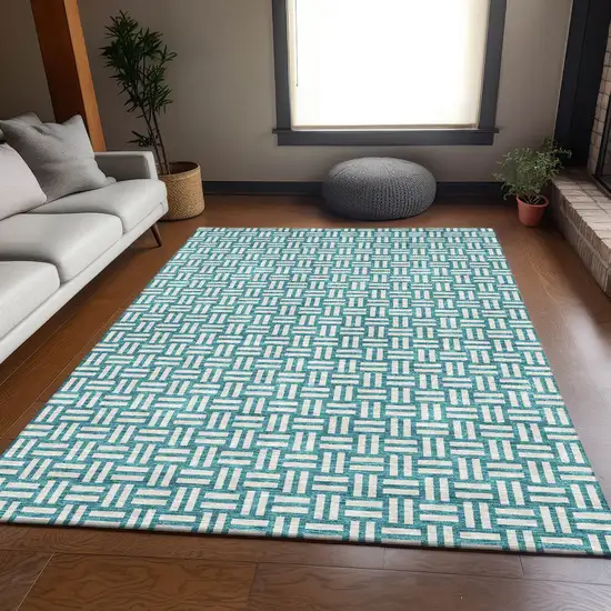 Teal And Ivory Abstract Geometric Washable Area Rug With UV Protection Photo 3