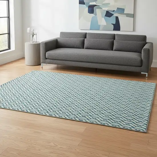 Teal And Ivory Abstract Geometric Washable Area Rug With UV Protection Photo 2