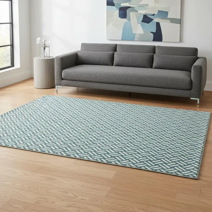 Teal And Ivory Abstract Geometric Washable Area Rug With UV Protection Photo 2