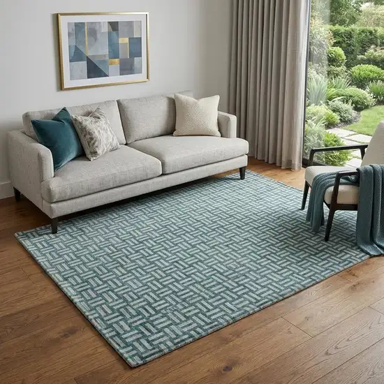 Teal And Ivory Abstract Geometric Washable Area Rug With UV Protection Photo 1