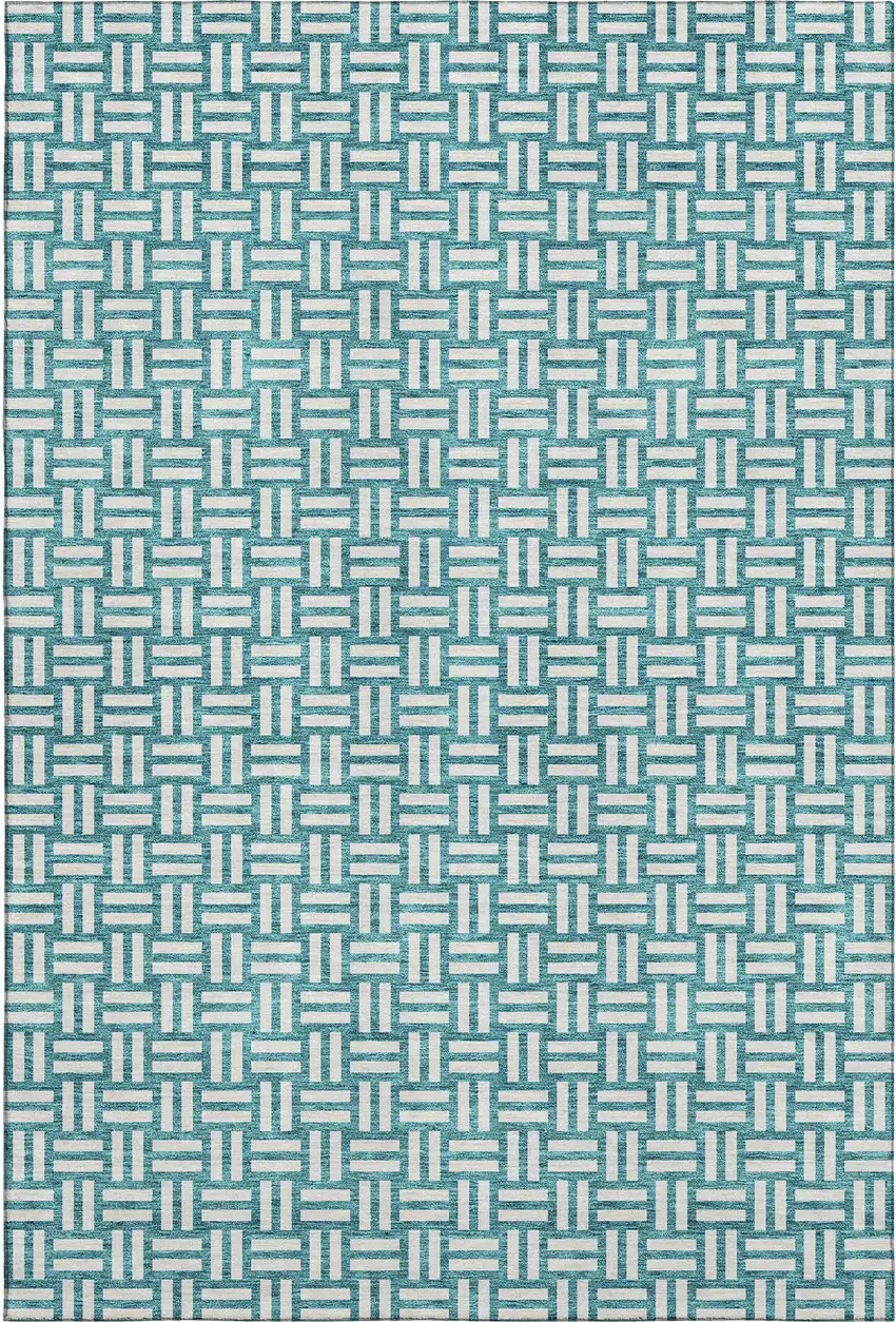 Teal And Ivory Abstract Geometric Washable Area Rug With UV Protection Photo 5