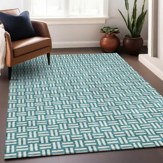 Teal And Ivory Abstract Geometric Washable Area Rug With UV Protection Photo 2