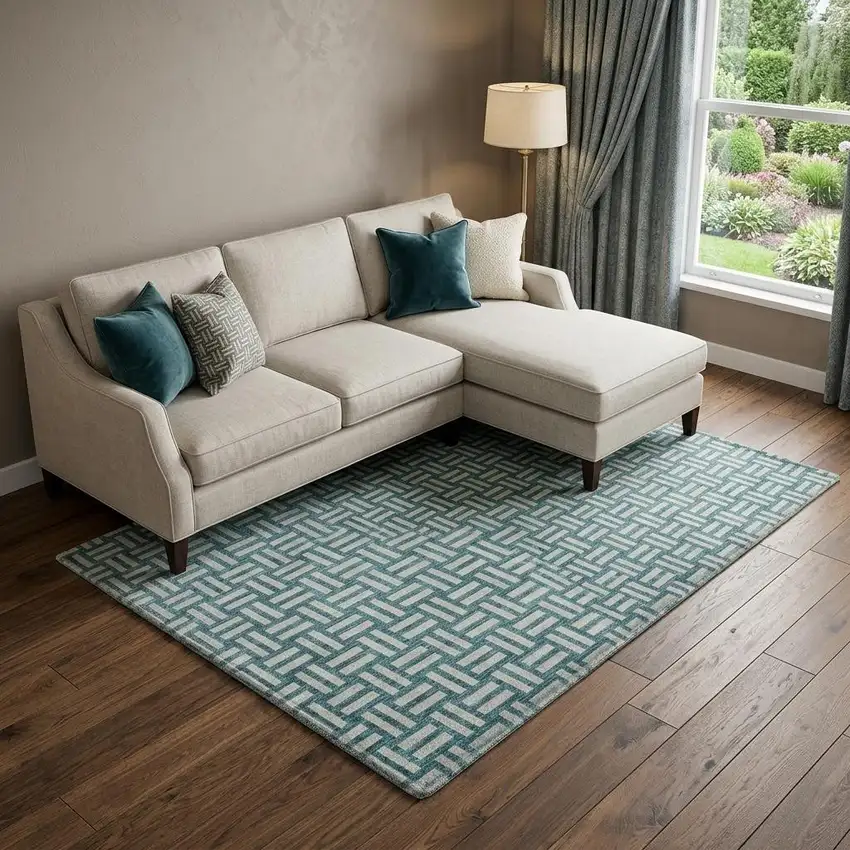 Teal And Ivory Abstract Geometric Washable Area Rug With UV Protection Photo 1
