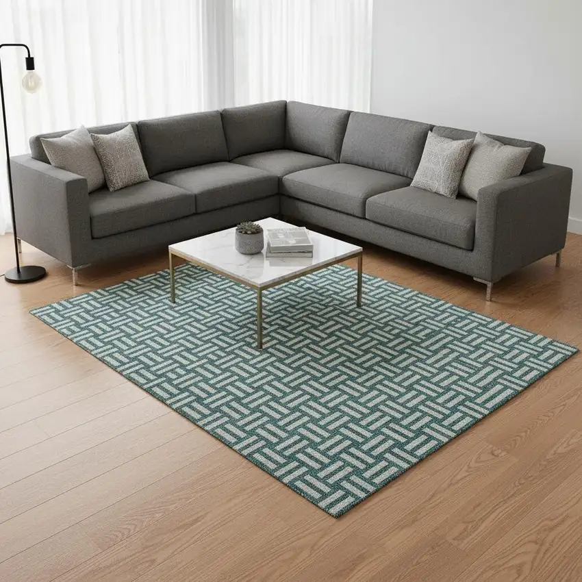 Teal And Ivory Abstract Geometric Washable Area Rug With UV Protection Photo 2