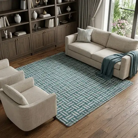 Teal And Ivory Abstract Geometric Washable Area Rug With UV Protection Photo 1
