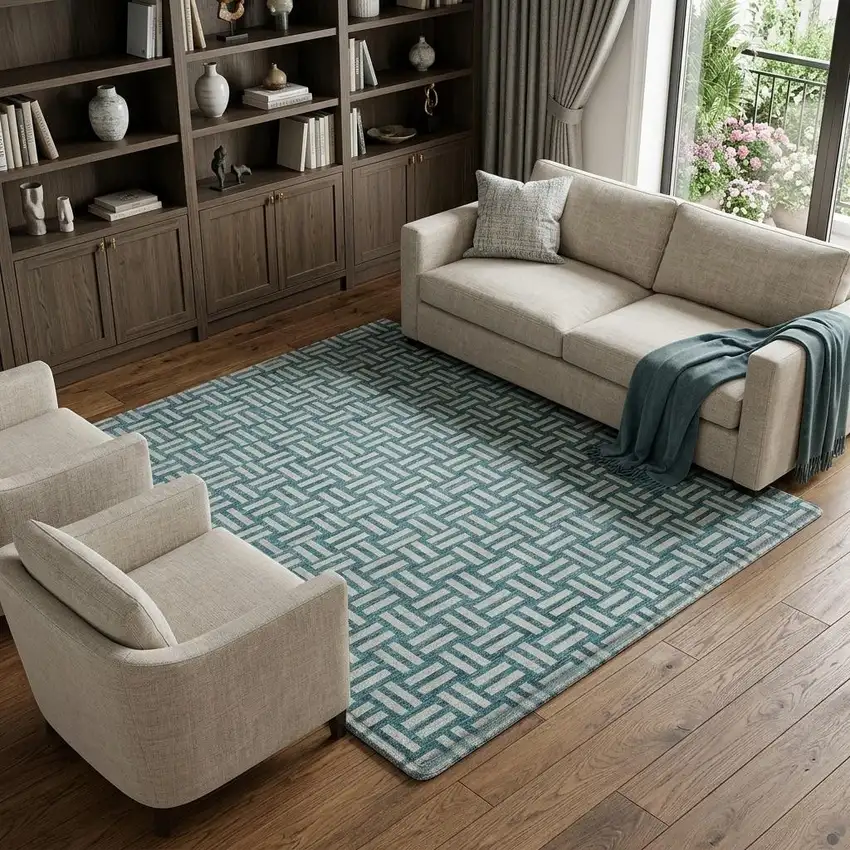 Teal And Ivory Abstract Geometric Washable Area Rug With UV Protection Photo 1