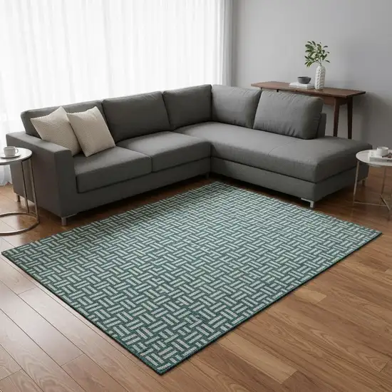 Teal And Ivory Abstract Geometric Washable Area Rug With UV Protection Photo 2