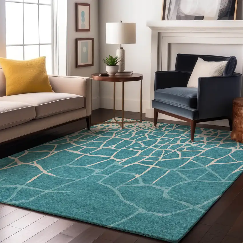 Teal And Ivory Abstract Geometric Washable Area Rug With UV Protection Photo 3