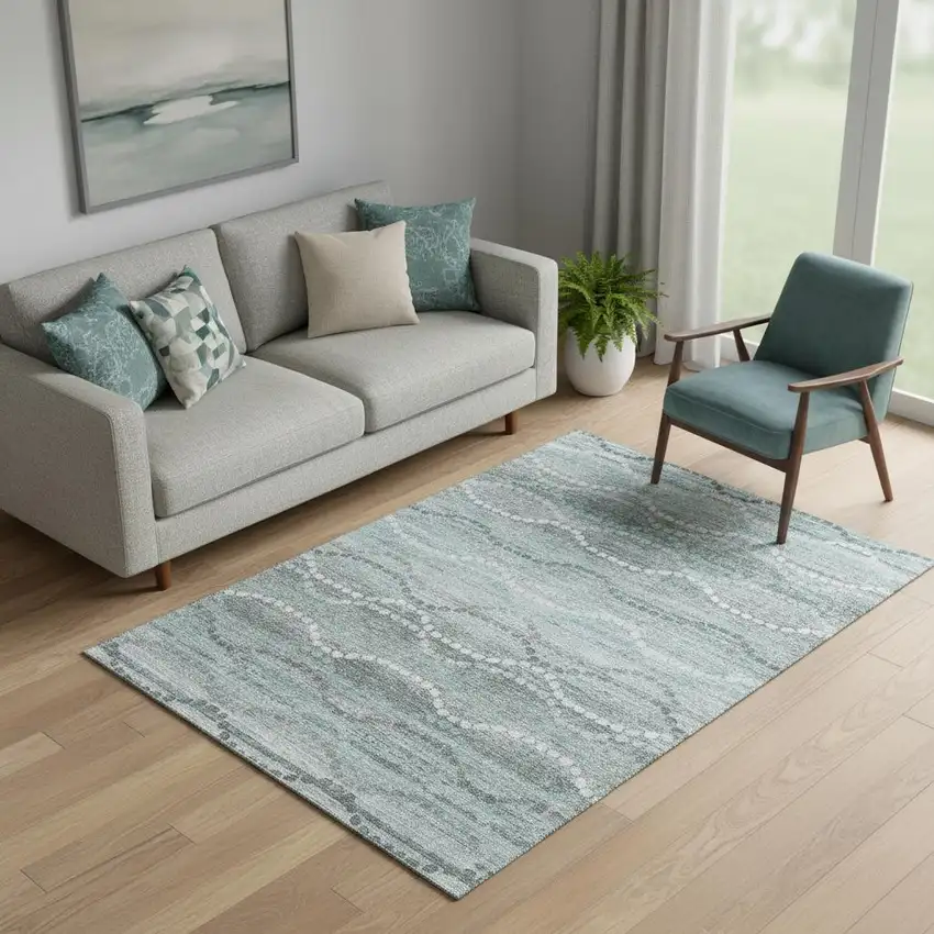 Teal And Ivory Abstract Geometric Washable Area Rug With UV Protection Photo 2
