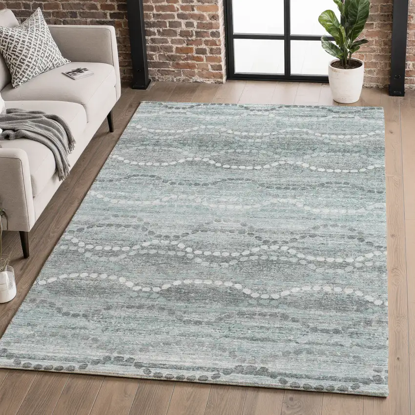 Teal And Ivory Abstract Geometric Washable Area Rug With UV Protection Photo 5