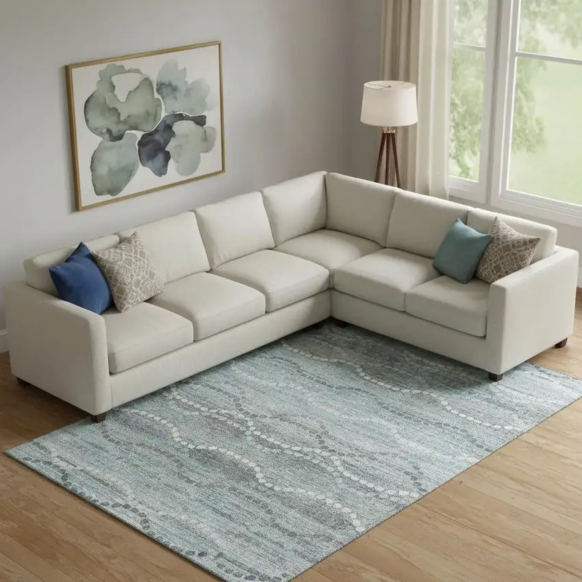 Teal And Ivory Abstract Geometric Washable Area Rug With UV Protection Photo 2