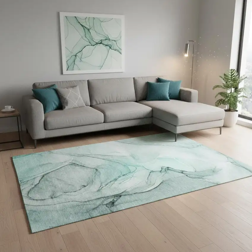 Teal And Ivory Abstract Washable Area Rug With UV Protection Photo 1