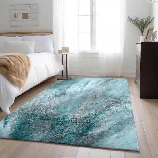 Teal And Ivory Abstract Washable Area Rug With UV Protection Photo 4