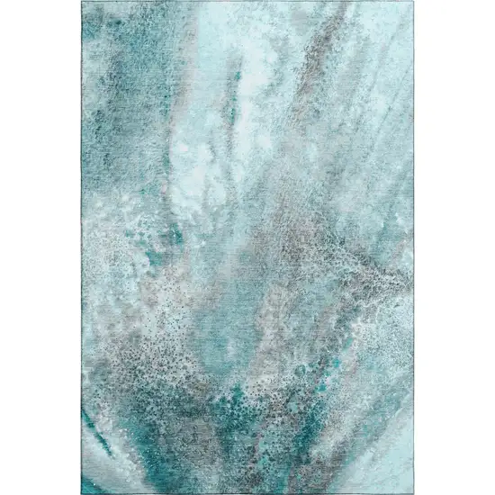 Teal And Ivory Abstract Washable Area Rug With UV Protection Photo 1