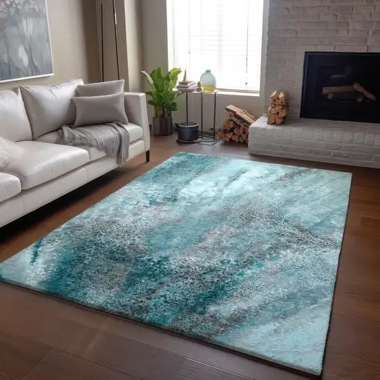 Teal And Ivory Abstract Washable Area Rug With UV Protection Photo 6