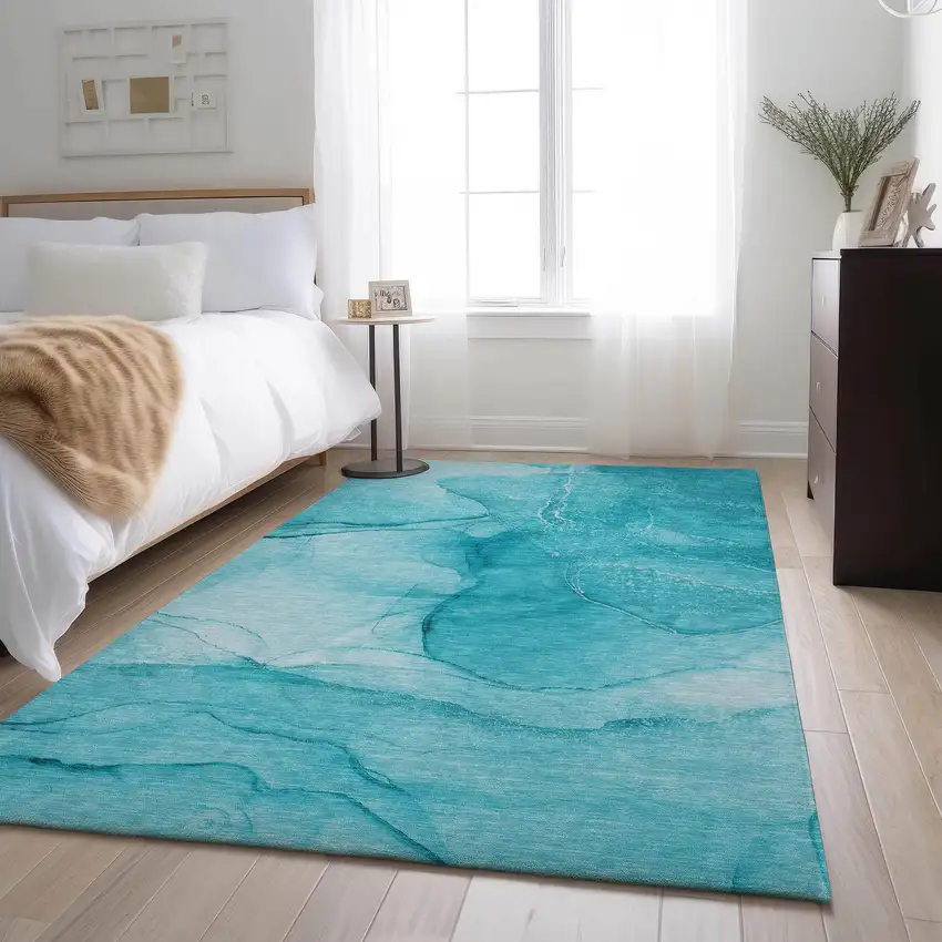 Teal And Ivory Abstract Washable Area Rug With UV Protection Photo 4