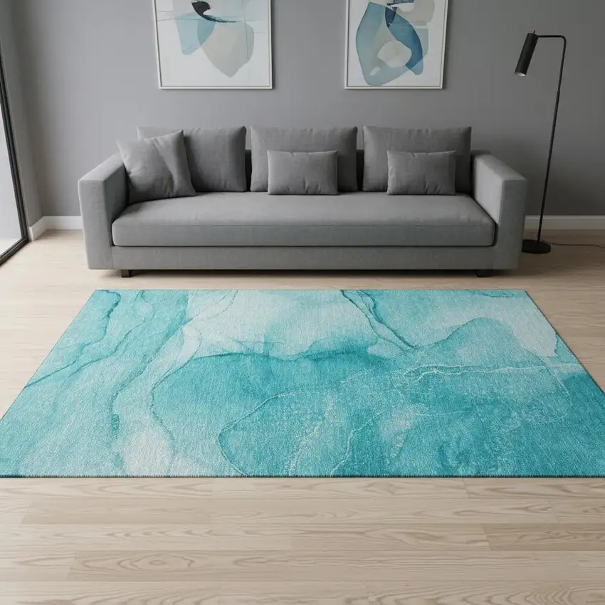 Teal And Ivory Abstract Washable Area Rug With UV Protection Photo 1