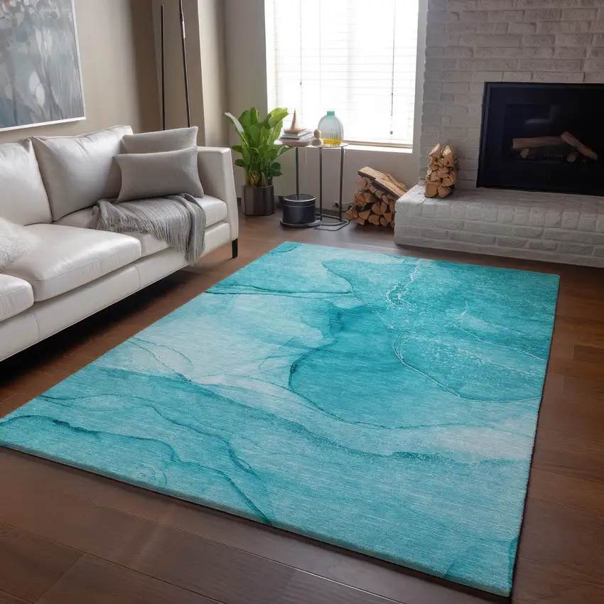 Teal And Ivory Abstract Washable Area Rug With UV Protection Photo 5