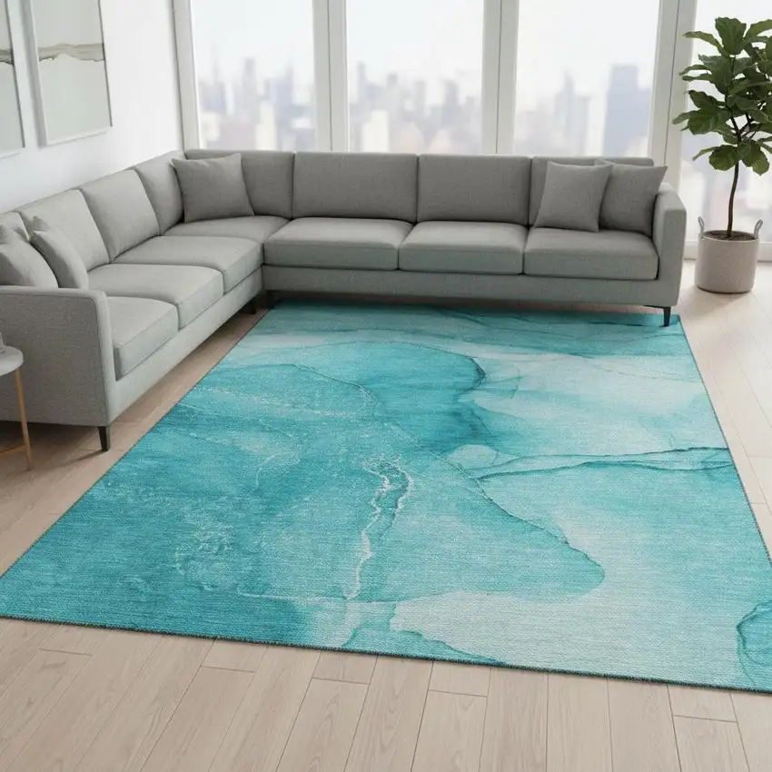 Teal And Ivory Abstract Washable Area Rug With UV Protection Photo 1