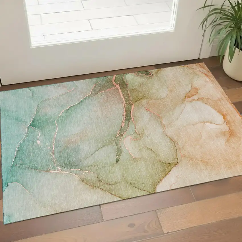 Teal And Ivory Abstract Washable Area Rug With UV Protection Photo 1