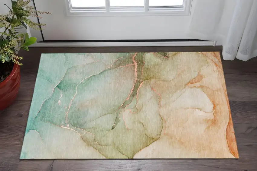 Teal And Ivory Abstract Washable Area Rug With UV Protection Photo 2