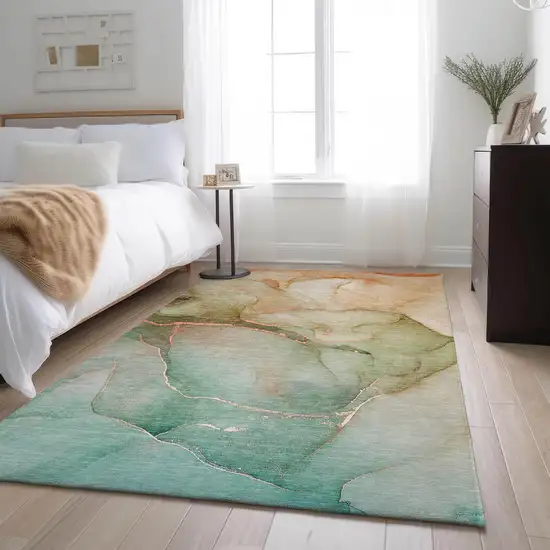 Teal And Ivory Abstract Washable Area Rug With UV Protection Photo 5