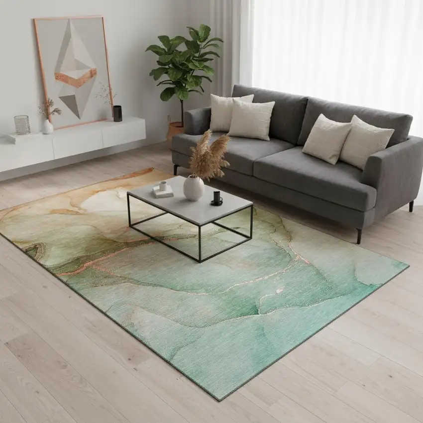 Teal And Ivory Abstract Washable Area Rug With UV Protection Photo 2