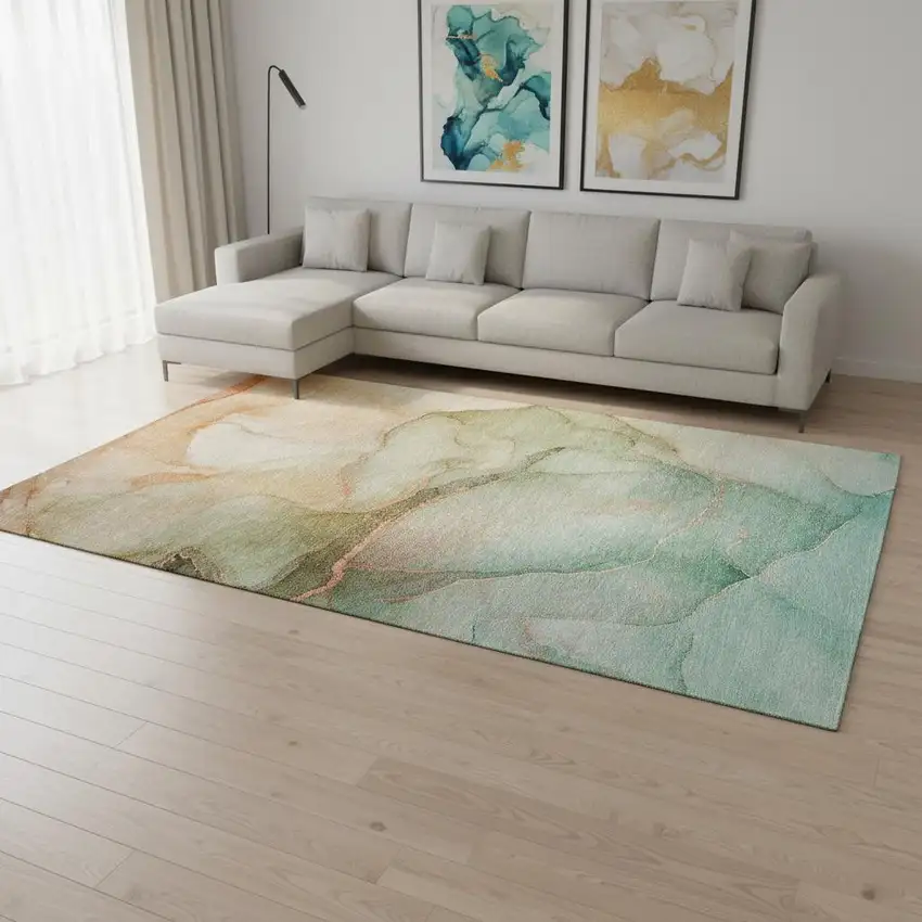 Teal And Ivory Abstract Washable Area Rug With UV Protection Photo 1
