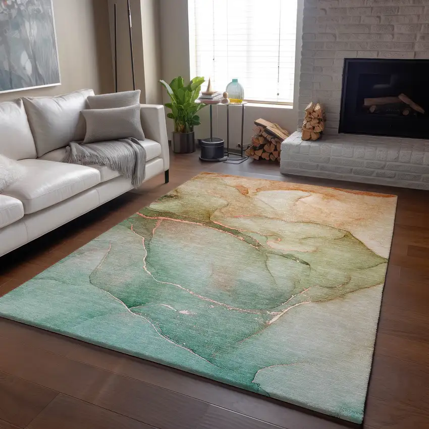 Teal And Ivory Abstract Washable Area Rug With UV Protection Photo 5