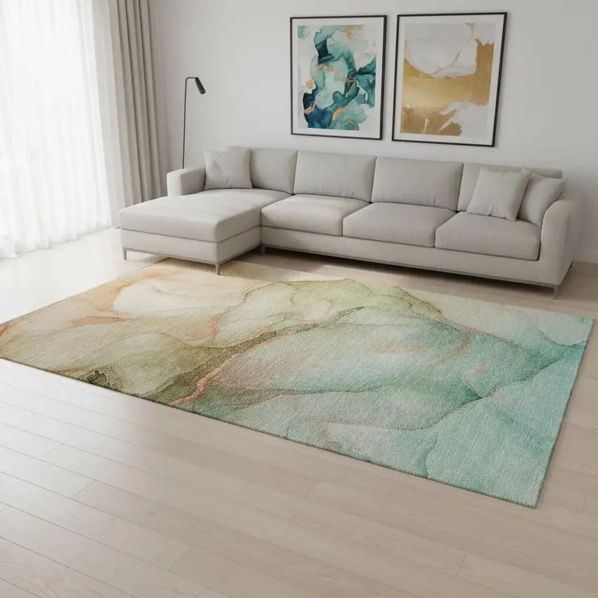 Teal And Ivory Abstract Washable Area Rug With UV Protection Photo 1