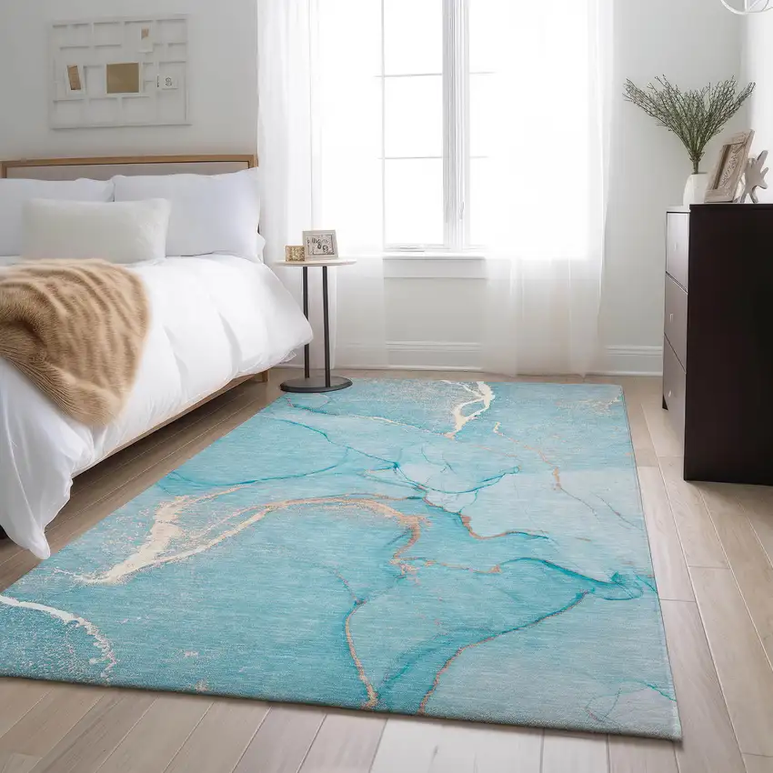 Teal And Ivory Abstract Washable Area Rug With UV Protection Photo 5