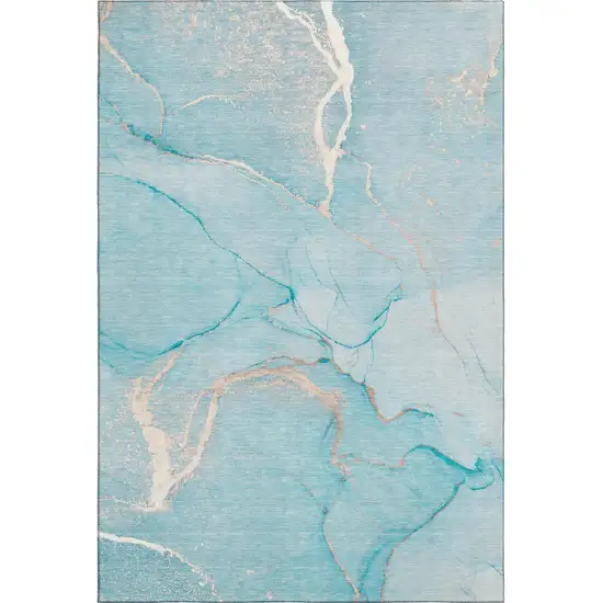 Teal And Ivory Abstract Washable Area Rug With UV Protection Photo 2