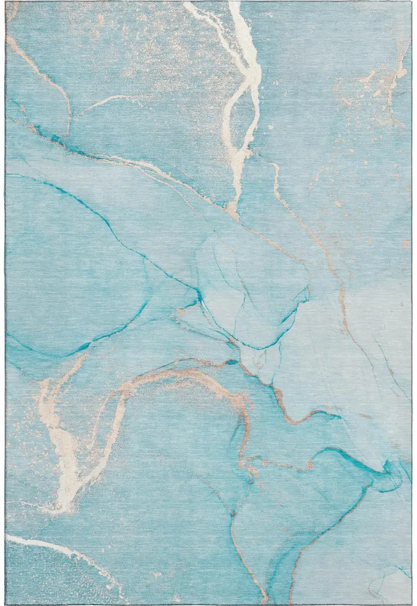 Teal And Ivory Abstract Washable Area Rug With UV Protection Photo 2