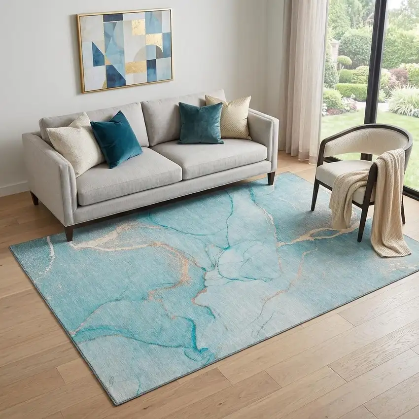 Teal And Ivory Abstract Washable Area Rug With UV Protection Photo 1