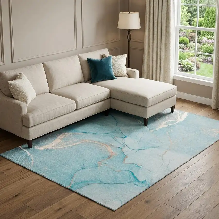 Teal And Ivory Abstract Washable Area Rug With UV Protection Photo 1