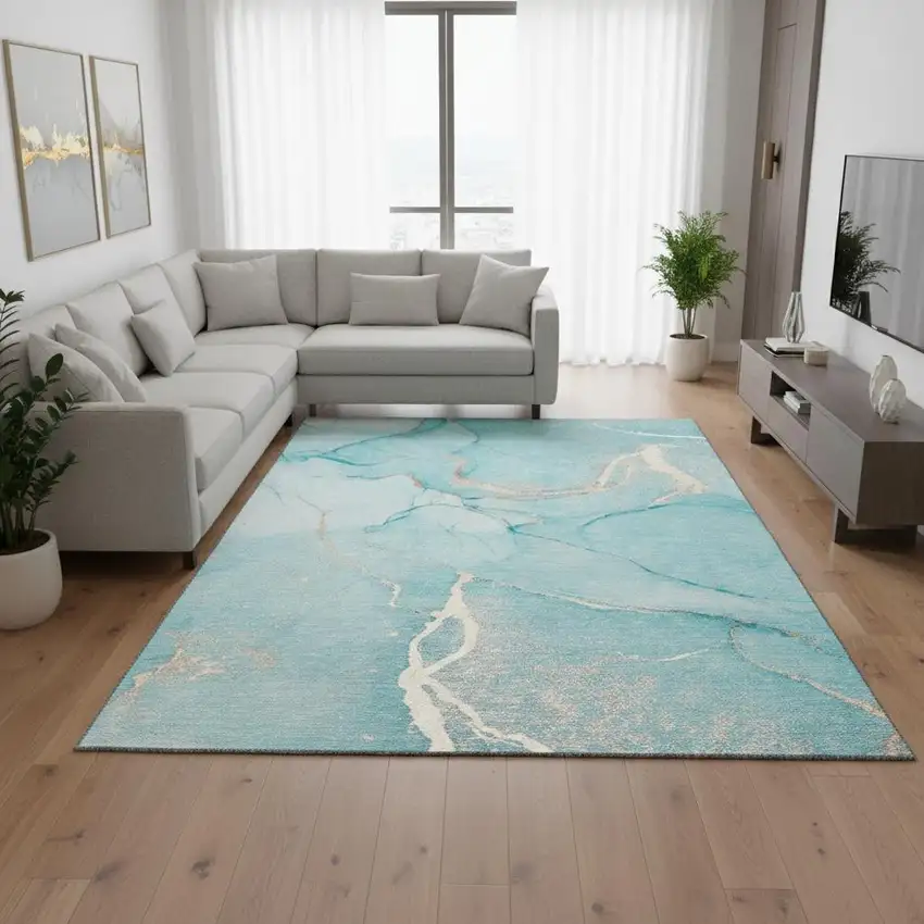 Teal And Ivory Abstract Washable Area Rug With UV Protection Photo 1